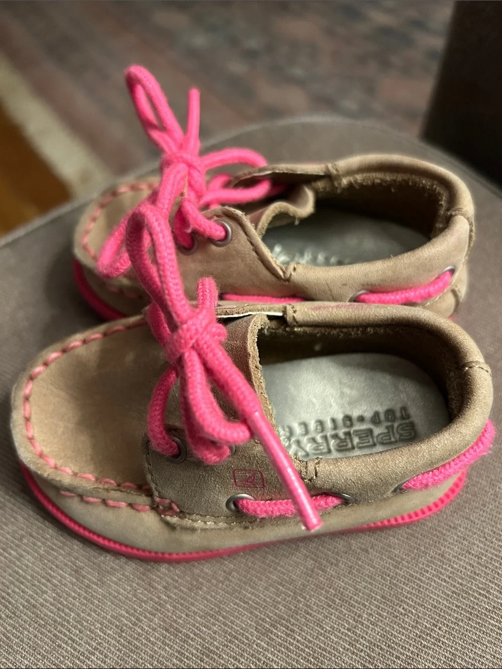 Sperry Tan Baby Boat Shoes with Bright Pink Laces, worn once